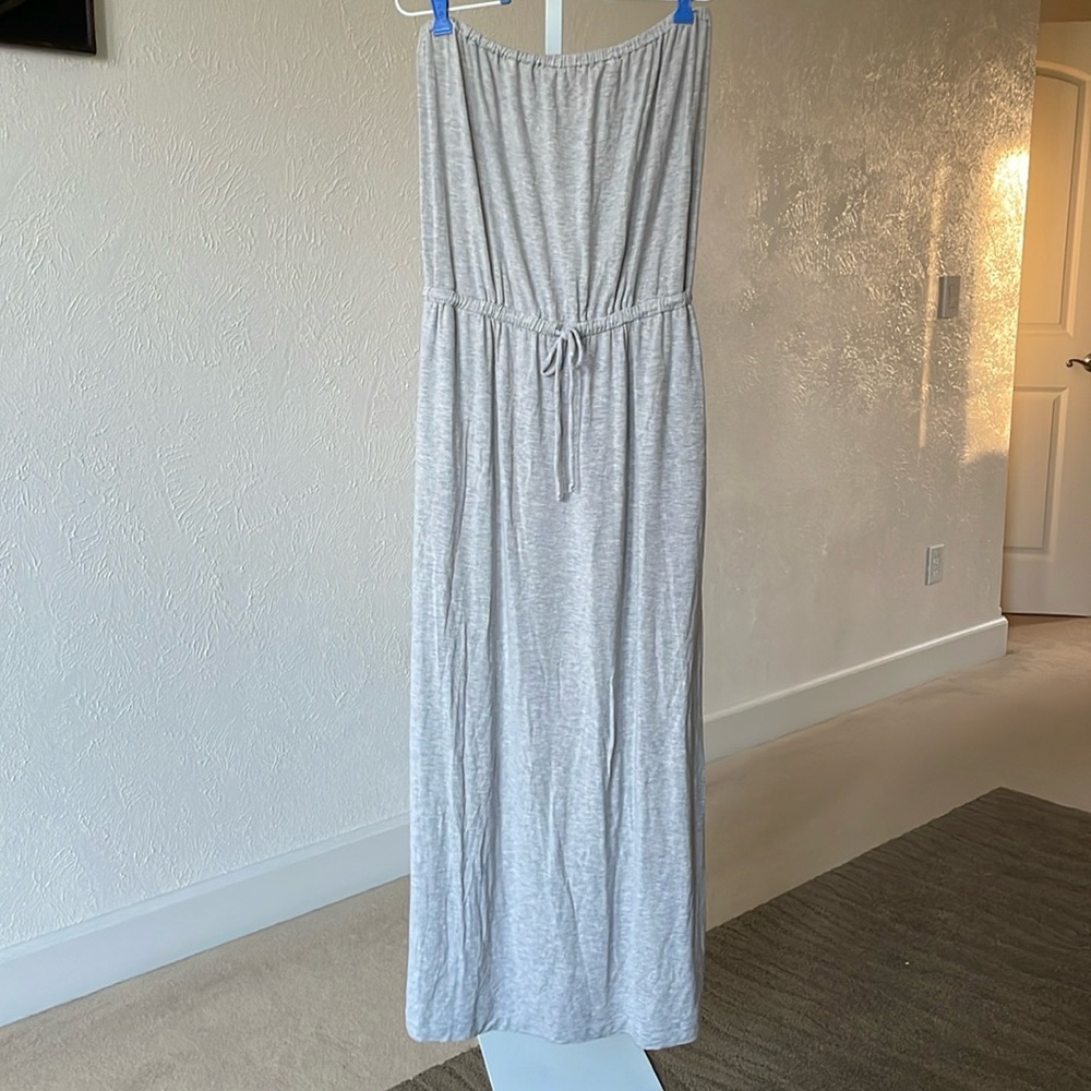 J.Crew strapless grey super comfy jersey drawstring maxi dress